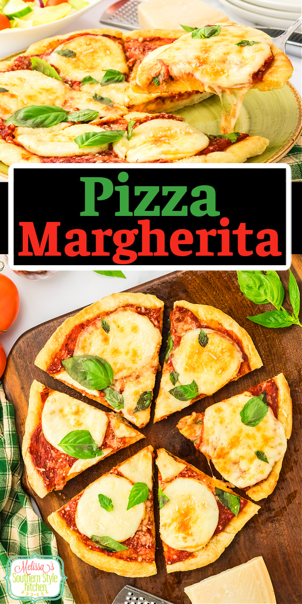 This scrumptious Pizza Margherita recipe features a robust tomato sauce, gooey mozzarella cheese and fresh basil for a classic flavor combo. #margheritapizza #pizzarecipes #pizzamargheritapizza #sanmarzanotomatoes #pizzasauce #easypizzarecipes #pizzadough via @melissasssk