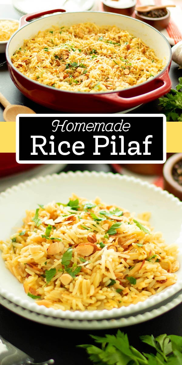 This homemade Rice Pilaf recipe features a combination of rice with toasted orzo pasta and sliced almonds for depth of flavor. #rice #ricerecipes #ricepilaf #southernsidedishes #orzorecipe #easyricerecipes via @melissasssk