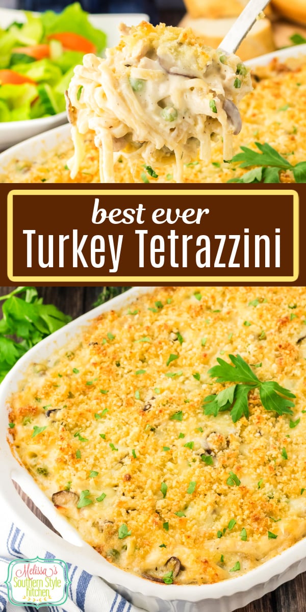 Ditch the canned soups and make a homemade cheese sauce for this Turkey Tetrazzini #turkeyrecipes #turkeytetrazzini #pasta #pastarecipes #homemadeturkey #leftoverturkeyrecipes via @melissasssk