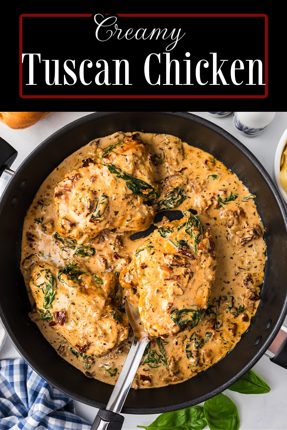 Serve this Italian inspired Tuscan Chicken recipe over pasta smothered with the robust sun dried tomato and spinach cream sauce. #tuscanchicken #easychickenrecipes #chickenbreastrecipes #Italianfood #Italianchicken #sundriedtomatosauce via @melissasssk
