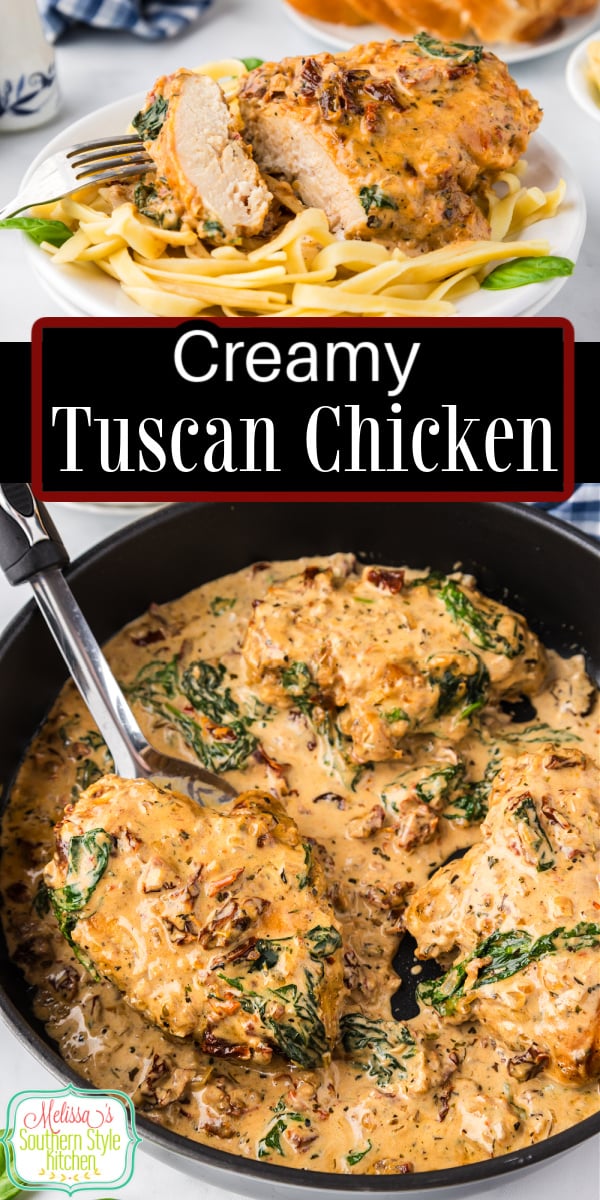 Serve this Italian inspired Tuscan Chicken recipe over pasta smothered with the robust sun dried tomato and spinach cream sauce. #tuscanchicken #easychickenrecipes #chickenbreastrecipes #Italianfood #Italianchicken #sundriedtomatosauce via @melissasssk