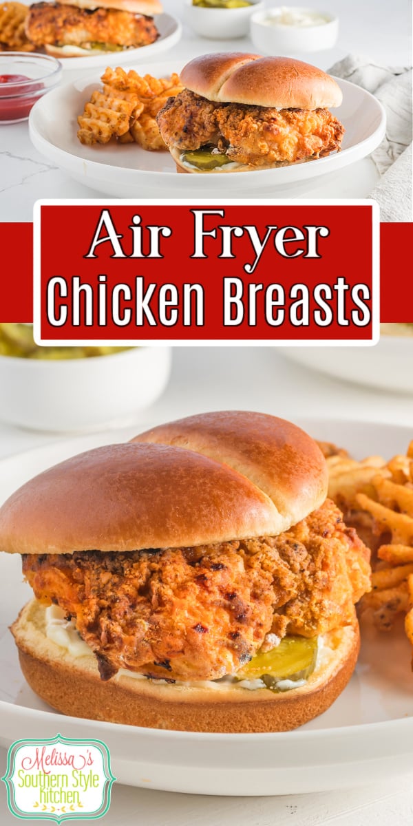 These Air Fryer Chicken Breasts feature boneless chicken coated with a perfectly seasoned breading that's a riff on Chick-fil-A. #crispychickensandwich #airfryerrecipes #chickenbreastrecipes #bonelesschickenrecipe #chickfila #copycatchickfilarecipe #airfryerchickenbreast #easychickenrecipes #friedchicken #southernfriedchicken via @melissasssk