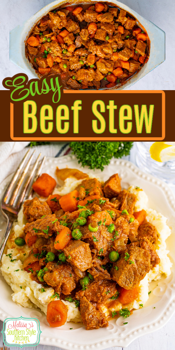 This Easy Beef Stew recipe features a hearty combination of beef and veggies that simmers in the oven until they're tender and flavorful. #beefstew #braiedbeef #stew #easybeefstew #easybeefrecipes #roast #stewbeef via @melissasssk