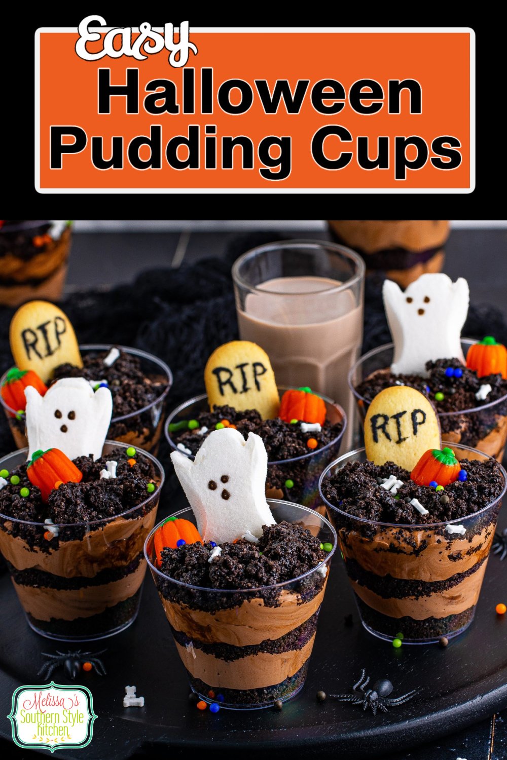 These Halloween Pudding Cups are a fun and delicious option for the tiny ghosts and goblins to make and enjoy! #dirtcups #chocolatepudding #chocolatepuddingcups #oreodirtcups #puddingrecipes #chocolatedesserts #halloweendesserts #halloweendessertrecipes via @melissasssk