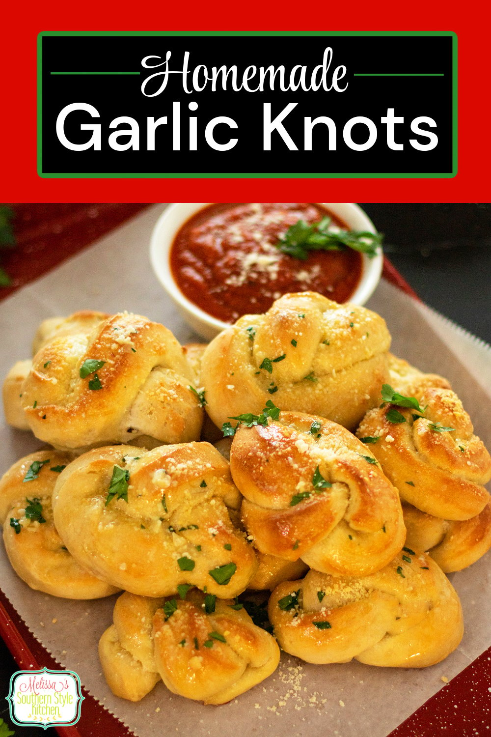 These buttery Garlic Knots can be served as an appetizer with warm pizza sauce for dipping or enjoy them as a side dish with your meal. #garlicknots #garlicbread #breadrecipes #easybreadrecipes #pizza #pizzadough via @melissasssk