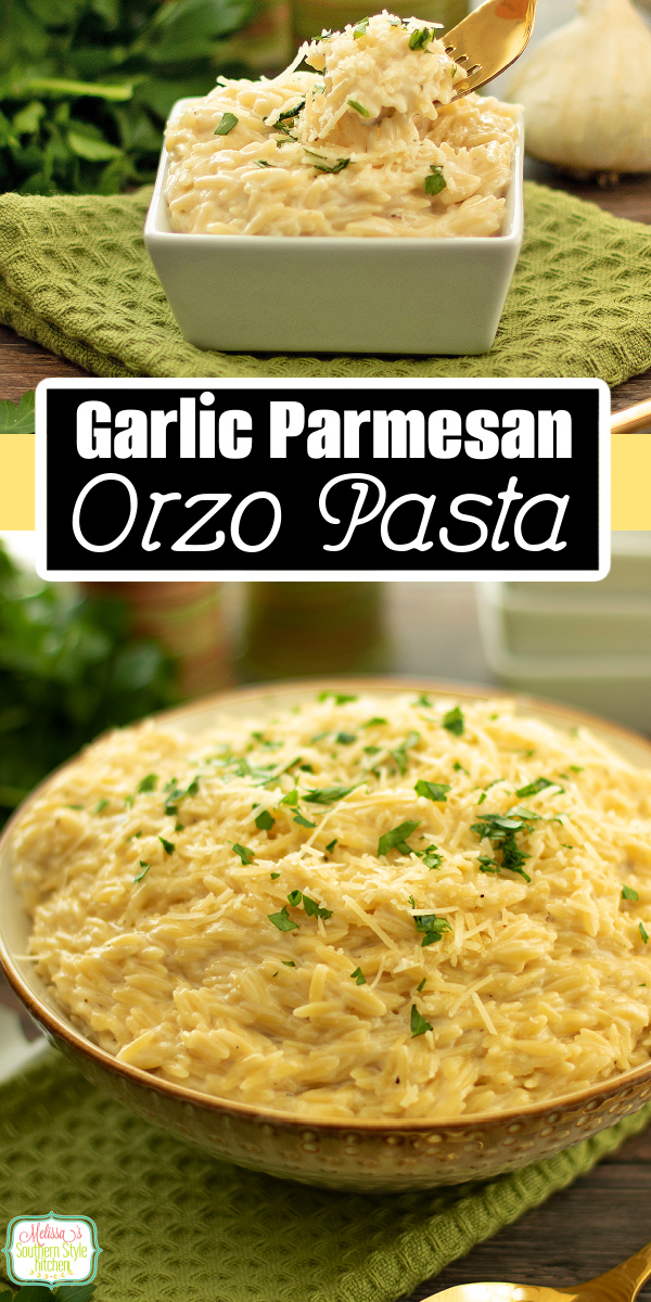 This creamy Garlic Parmesan Orzo Pasta recipe is a creamy side dish that's delicious served with chicken, pork, steak and seafood. #orzorecipes #orzo #garlicparmesanorzo #chickenandorzo #orzorecipes via @melissasssk