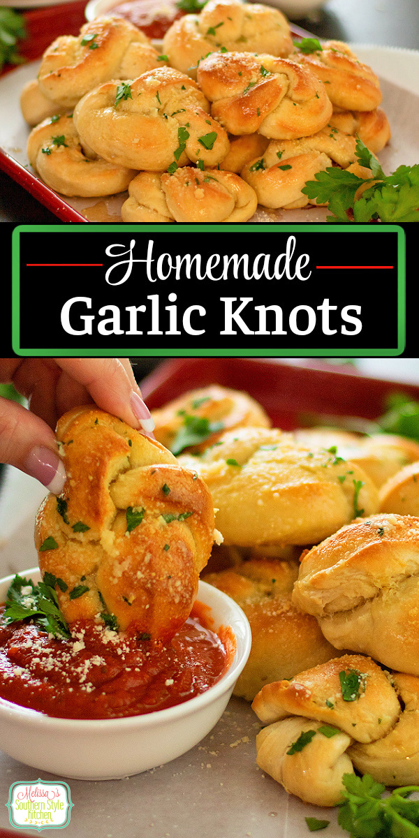 These buttery Garlic Knots can be served as an appetizer with warm pizza sauce for dipping or enjoy them as a side dish with your meal. #garlicknots #garlicbread #breadrecipes #easybreadrecipes #pizza #pizzadough via @melissasssk
