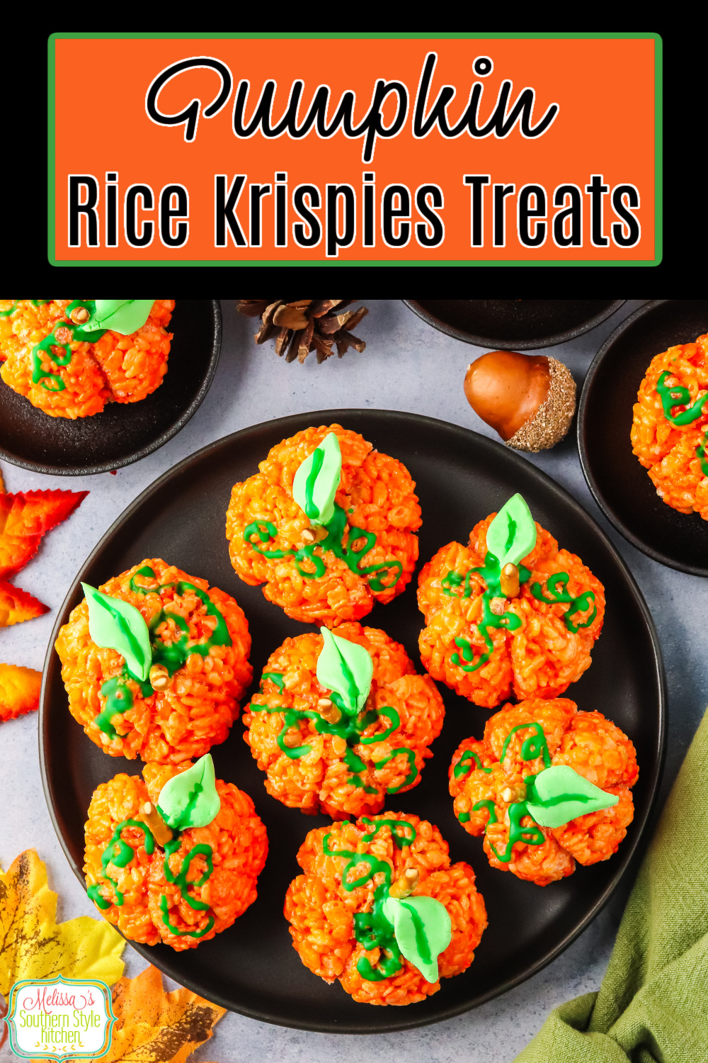 These fun Pumpkin Rice Krispies Treats are a delicious option for any of your fall gatherings. #ricekrispiestreats #falldesserts #pumpkinrecipes #easydesserts #pumpkin #easyricekrispiestreats #pumpkinricekrispiestreats via @melissasssk