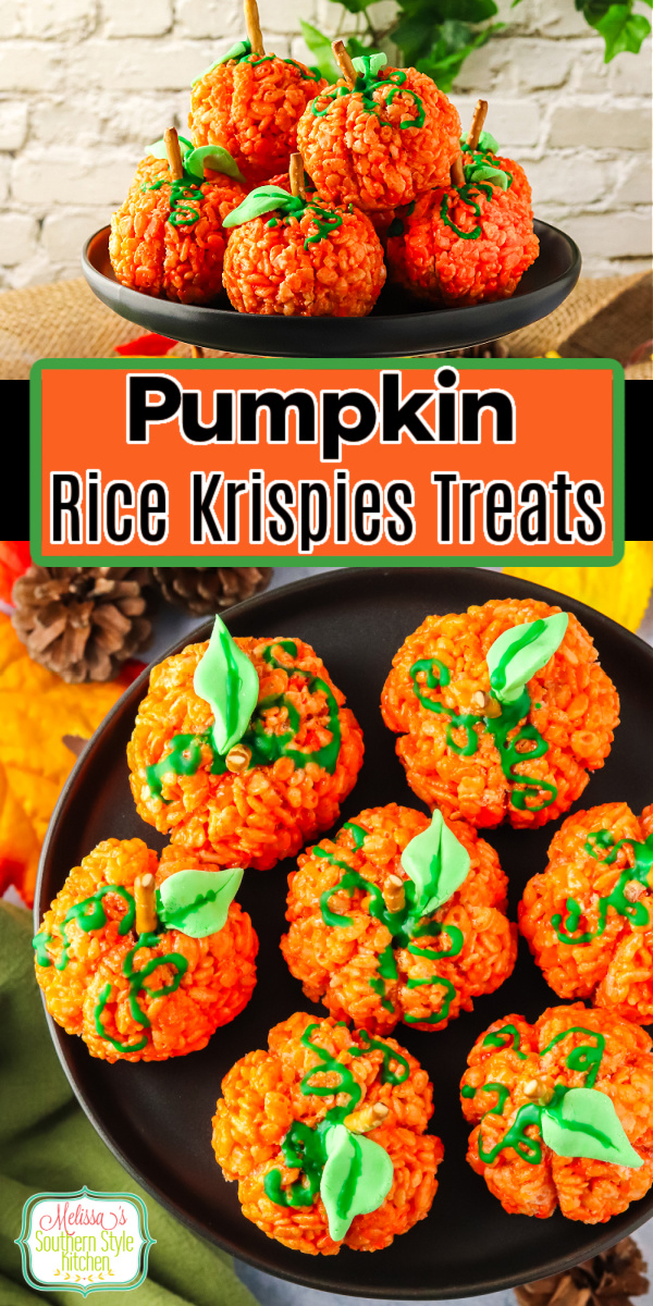 These fun Pumpkin Rice Krispies Treats are a delicious option for any of your fall gatherings. #ricekrispiestreats #falldesserts #pumpkinrecipes #easydesserts #pumpkin #easyricekrispiestreats #pumpkinricekrispiestreats via @melissasssk