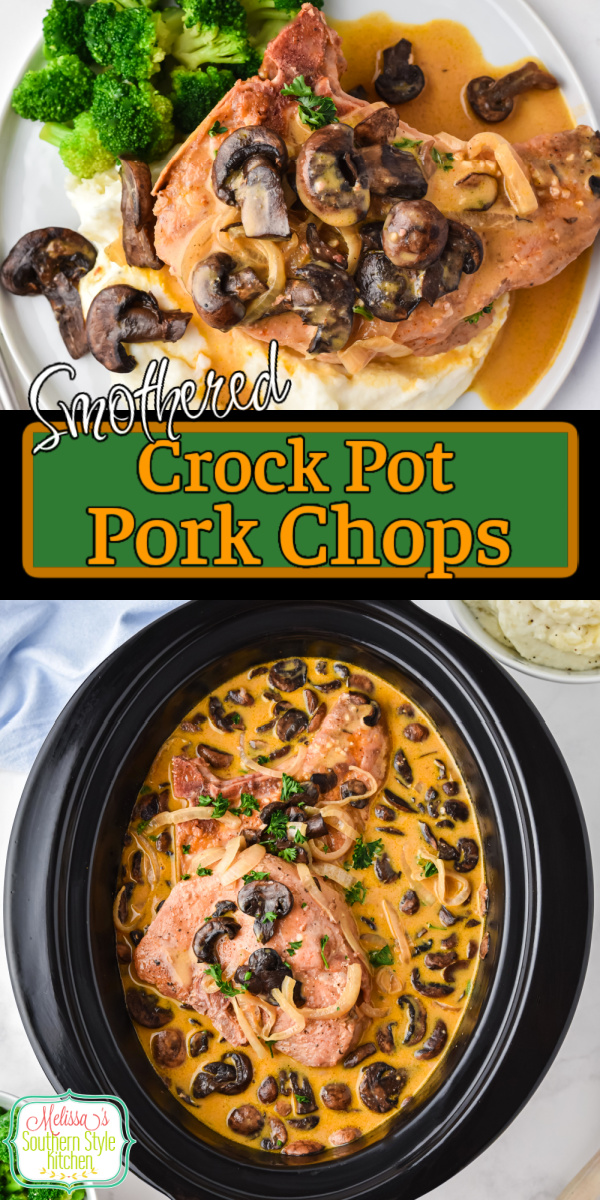 Serve these tender Crock Pot Pork Chops over cooked rice, egg noodles or mashed potatoes with a generous drizzle of the flavorful rich gravy. #porkchops #crockpotporkchops #easyporkrecipes #porkrecipes #slowcookerpork #slowcookerporkchops via @melissasssk