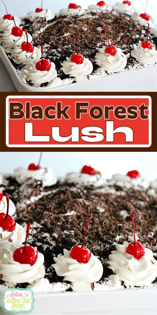 This decadent Black Forest Lush is a special dessert for a special occasion #blackforestlush #blackforest #lushrecipes #lush #desserts #dessertfoodrecipes #cherries #chocolate #chocolatecherries #holidaybaking #holidayrecipes #southernfood #southernrecipes