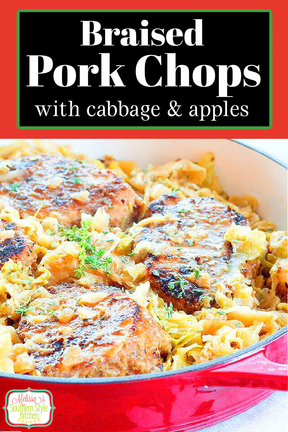 These thick cut pork chops are rubbed with Cajun seasonings then simmered with cabbage and apples until fall apart tender #porkchops #porkrecipes #cabbage #apples #braisedcabbage #braisedporkchops #fall #fallfood #southernrecipes #southernfood #harvestrecipes via @melissasssk