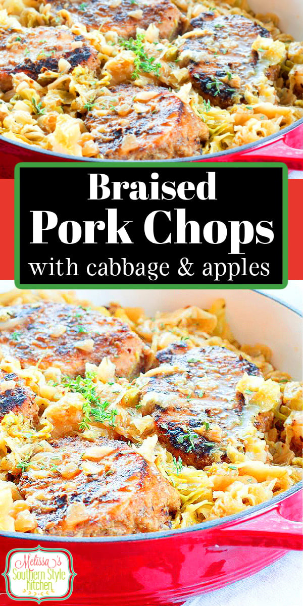 These thick cut pork chops are rubbed with Cajun seasonings then simmered with cabbage and apples until fall apart tender #porkchops #porkrecipes #cabbage #apples #braisedcabbage #braisedporkchops #fall #fallfood #southernrecipes #southernfood #harvestrecipes via @melissasssk