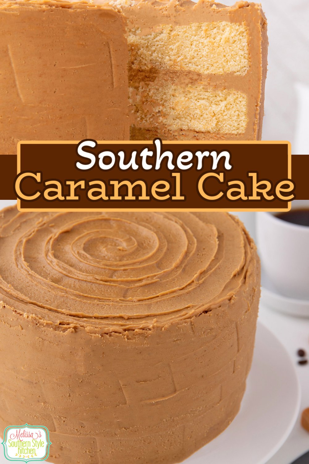 This buttery homemade Southern Caramel Cake features three cake layers frosted with a rich caramel frosting. #caramelcake #southerncaramelcake #cakes #cakerecipes #southerndesserts #carmamelfrosting #caramelicing via @melissasssk