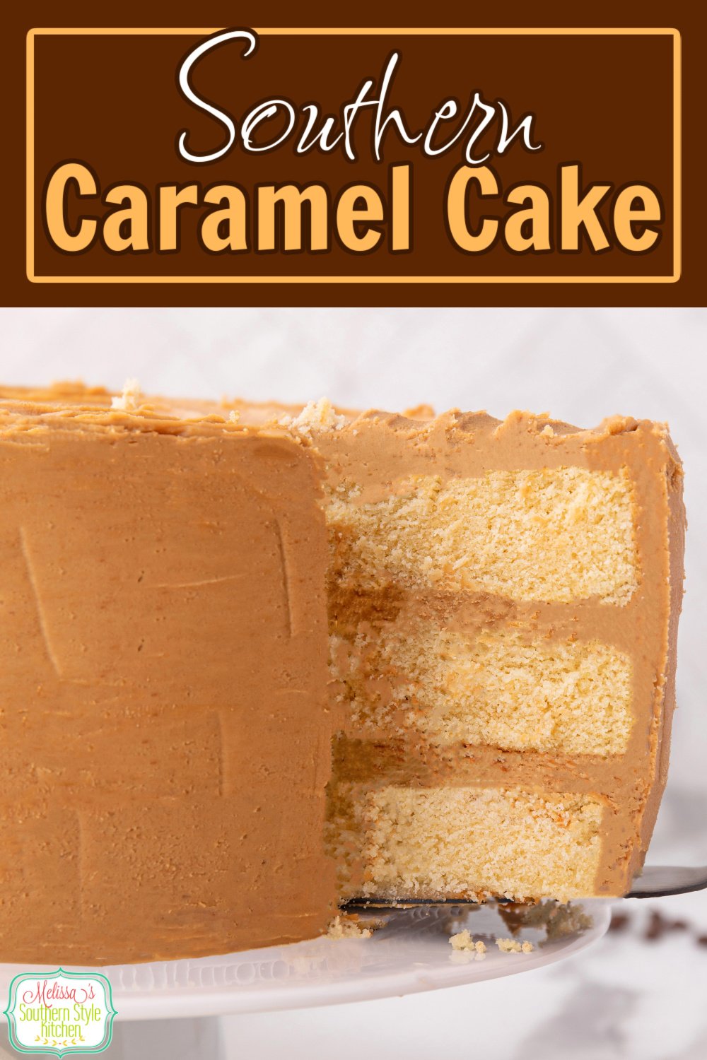 This buttery homemade Southern Caramel Cake features three cake layers frosted with a rich caramel frosting. #caramelcake #southerncaramelcake #cakes #cakerecipes #southerndesserts #carmamelfrosting #caramelicing via @melissasssk