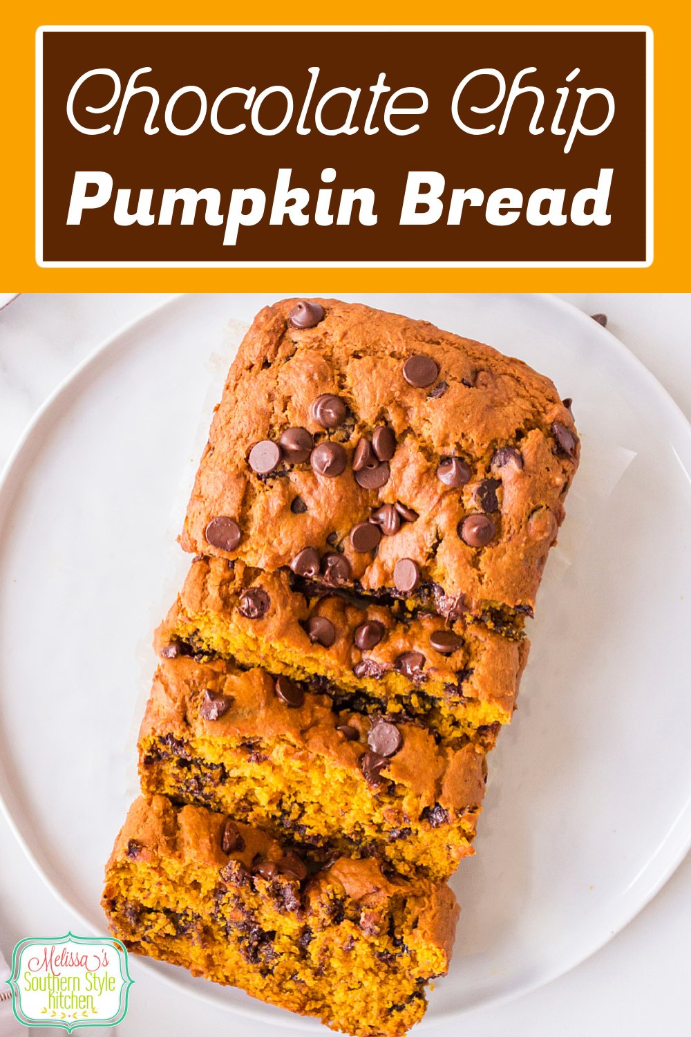 This Chocolate Chip Pumpkin Bread recipe elevates classic pumpkin bread guaranteed to delight the chocolate lovers in your life. #pumpkinrecipes #pumpkinbread #fallrecipes #pumpkin #breadrecipes #chocolatechipbread #chocolatechippumpkinbread via @melissasssk