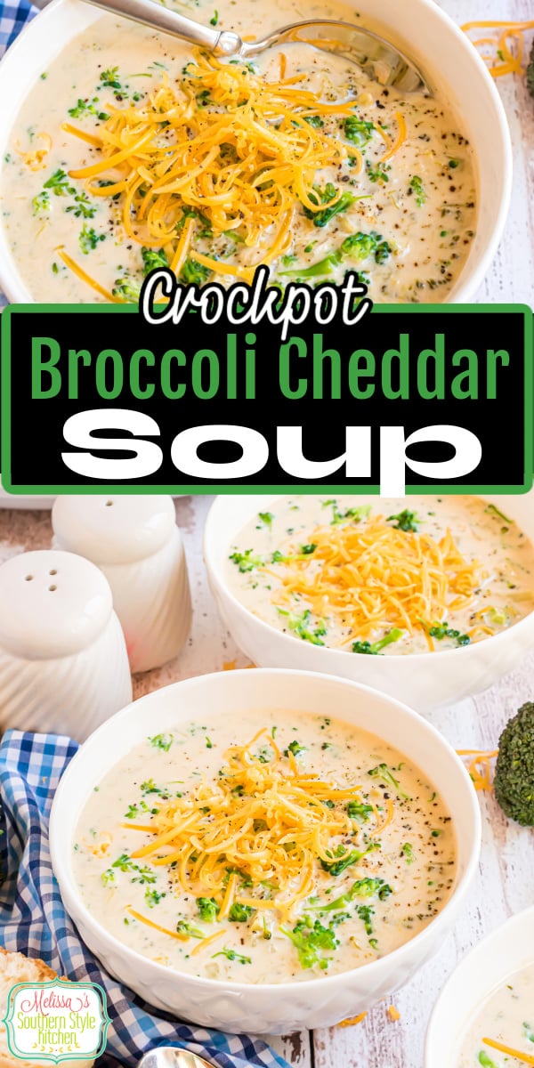 Fill up a bread bowl with this homemade Crockpot Broccoli Cheddar Soup for supper! #copycatpanera #panerarecipes #broccolicheesesoup #broccolicheddarsoup #crockpotrecipes #slowcookersoup via @melissasssk