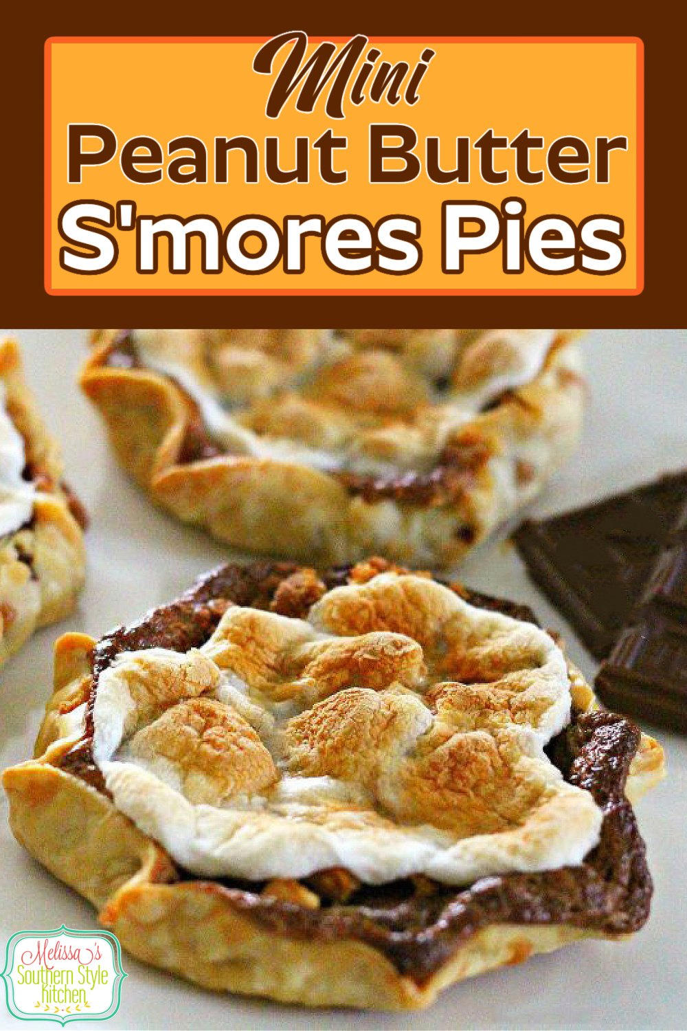 These ooey gooey single serving Mini Peanut Butter S'mores Pies are no campfire required s'mores made in the oven #smores #minismorespies #minipies #peanutbutterpies #desserts #dessertfoodrecipes #southernrecipes via @melissasssk