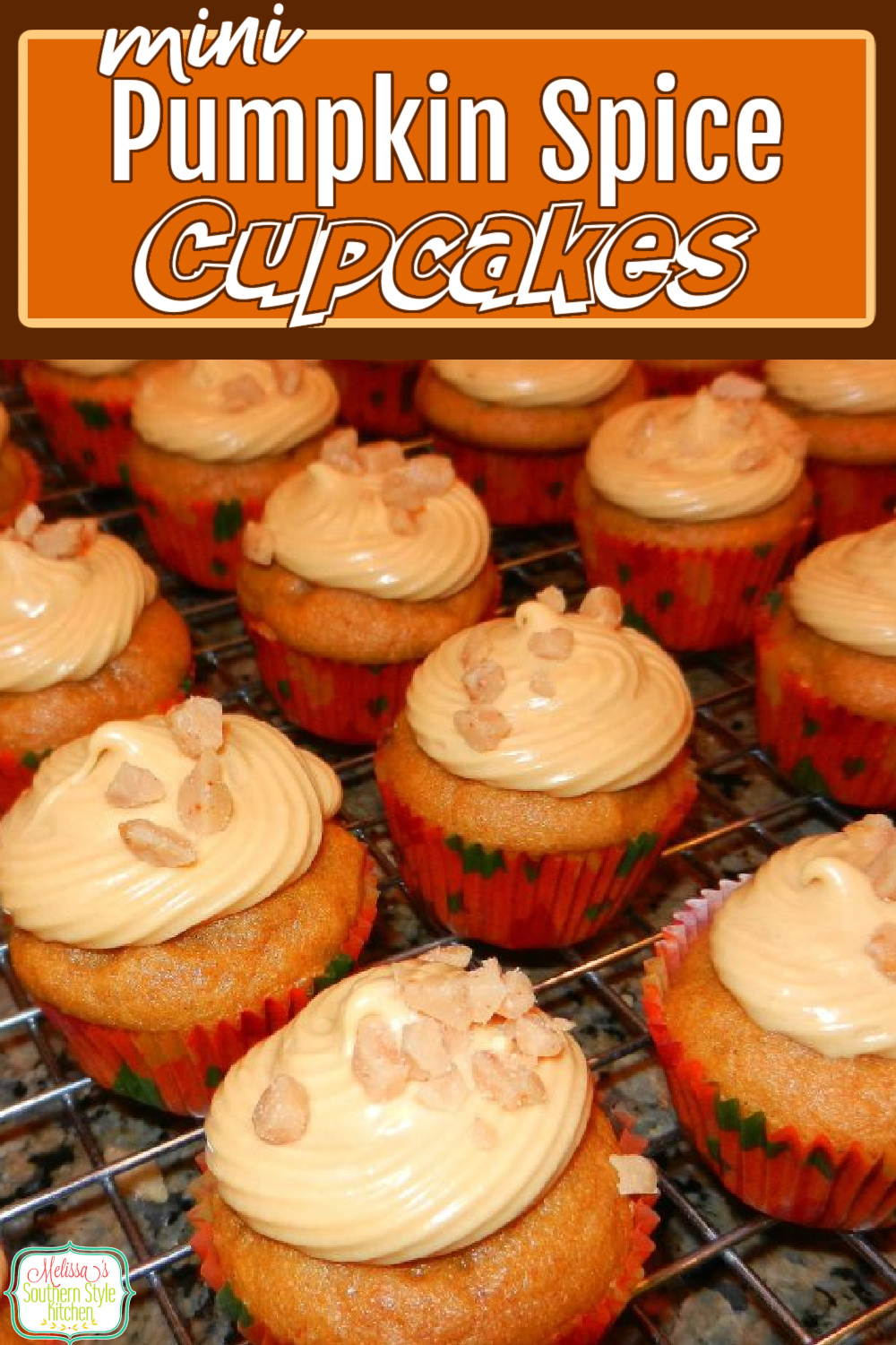 These two-bite cupcakes are the perfect handheld treat for your holiday and fall dessert table. #pumpkincupcakes $pumpkinspice #pumpkinspicecupcakes #creamcheeseicing #minicupcakes #caramelicing #fallbaking #holidaydesserts #thanksgivingrecipes via @melissasssk