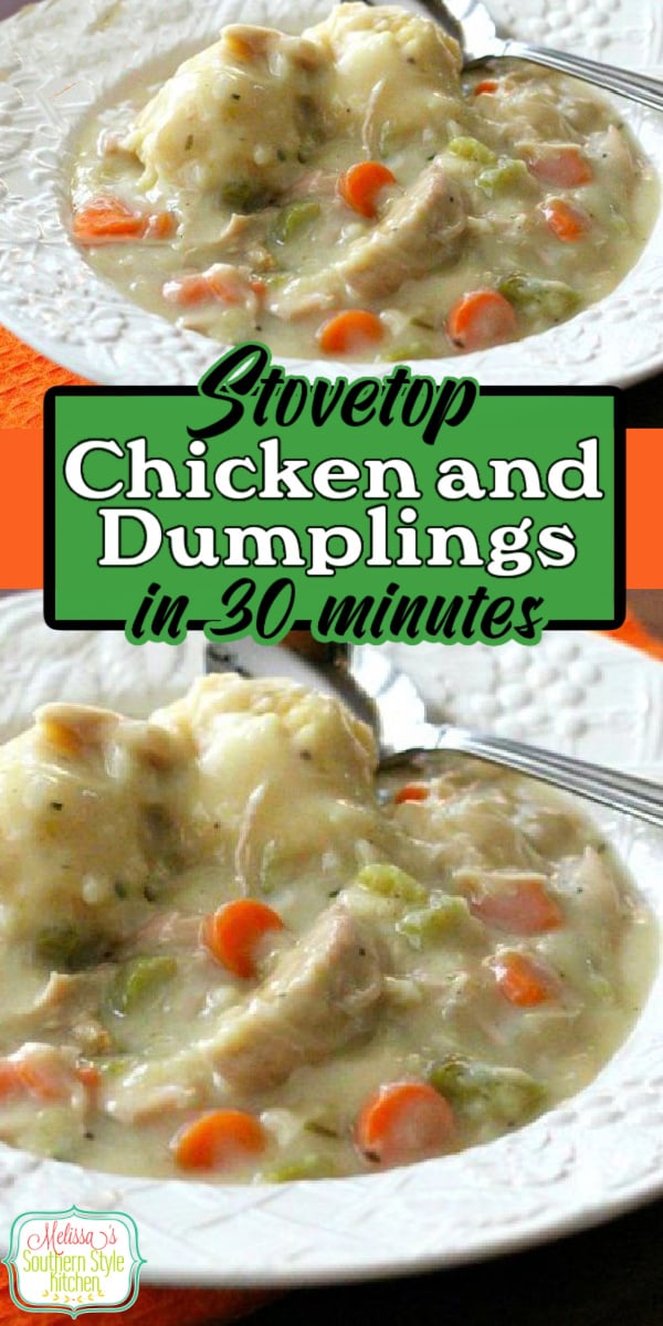 You can have this comforting Stovetop Chicken and Dumplings ready to eat in 30 minutes #chickenanddumplings #chicken #easychickenrecipes #dumplings #30minutemeals #dinner #dinnerideas #southernfood #southernrecipes #chuckendumplings via @melissasssk