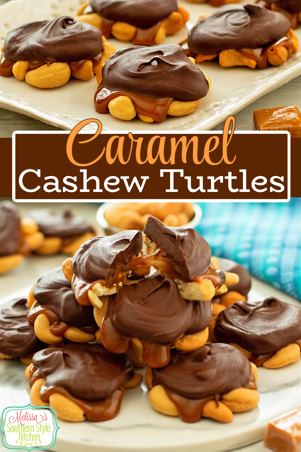 This easy chocolate caramel Cashew Turtles Candy recipe is ideal for homemade gift giving and adding to your two bite holiday sweets. #candy #turtlescandy #cashewturtles #homemadecandy #sweets #christmascandy #caramel #cashews via @melissasssk