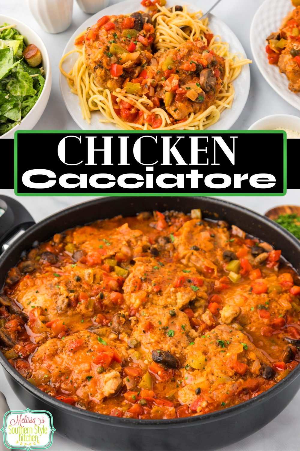 This Chicken Cacciatore Recipe features chicken thighs simmered in a robust tomato sauce seasoned with bell peppers, onion and mushrooms. #chicken #chickenrecipes #easychickenrecipes #dinnerideas #chickenthighs #chickencacciatore via @melissasssk