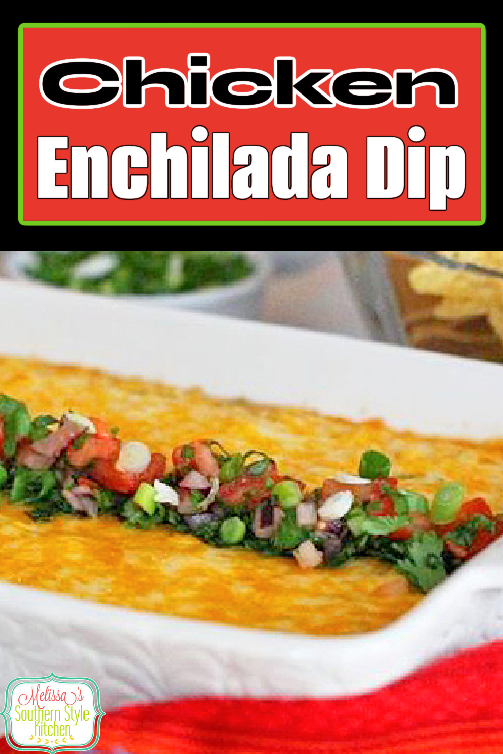 This Chicken Enchilada Dip is packed with fiesta flavors. Serve it with tortilla chips or fritos scoops for dipping! #chickendip #chickenenchiladadip #chickenenchiladas #easychickenrecipes #appetizers #diprecipes #chicken #mexicandiprecipes via @melissasssk