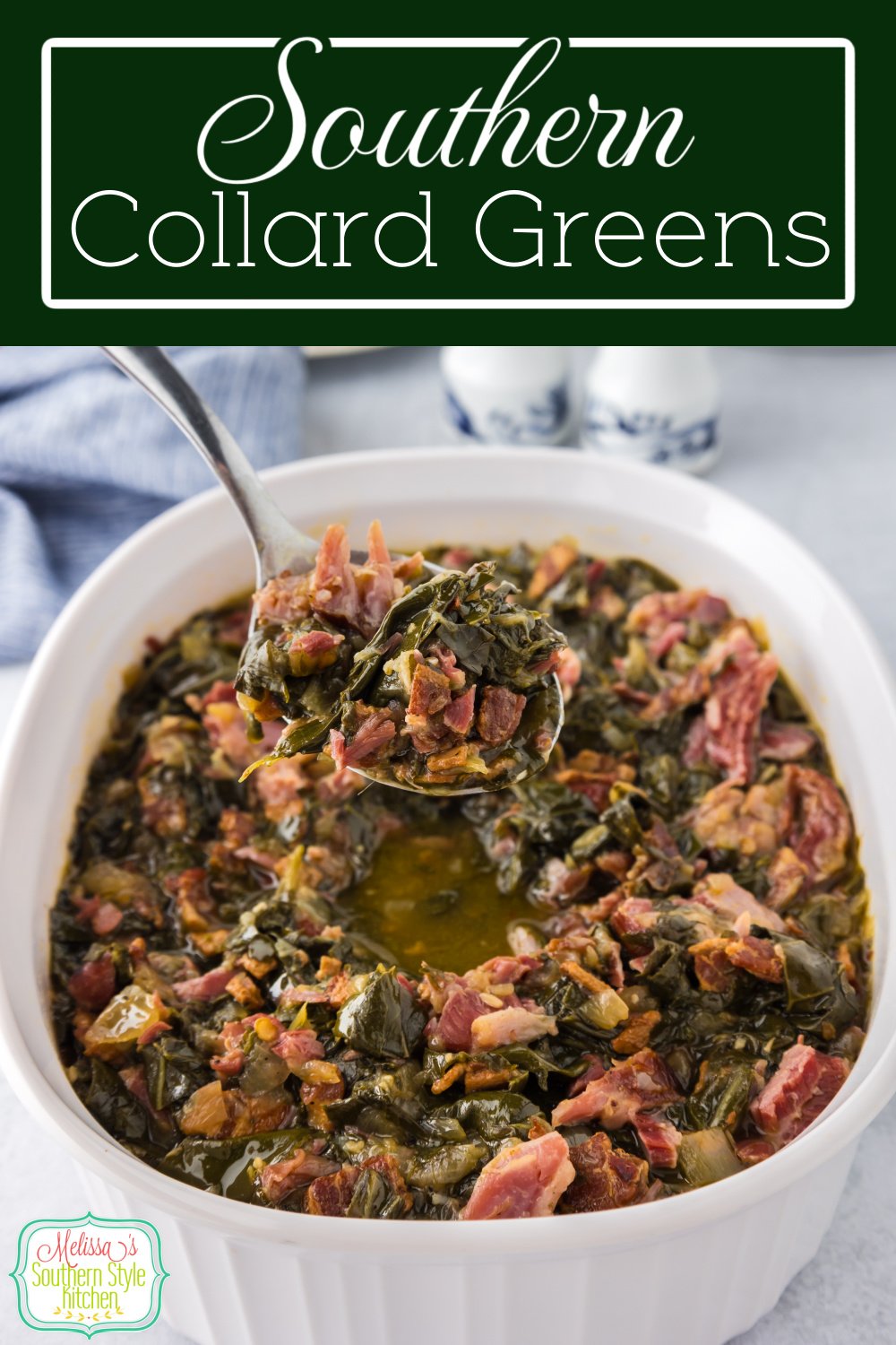 This Southern Collard Greens Recipe features tender flavorful greens cooked with bacon and onion and seasoned with smoked ham hocks. #greens #newyearsdayrecipes #southerngreens #southerncollardgreens #turnipgreens #easygreensrecipe #hamhocks via @melissasssk