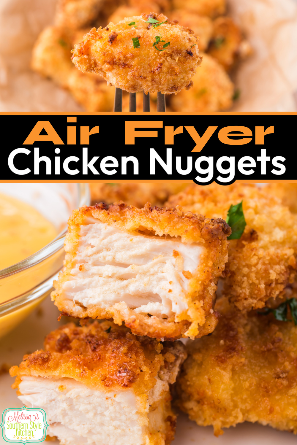 Serve these crispy Air Fryer Chicken Nuggets as an entree or with toothpicks as an appetizer alongside your favorite sauces for dipping. #chickennuggets #airfryerrecipes #airfryerchicken #airfryerchickennuggets #easychickenrecipes #chickenbreasts #southernfriedchicken #southernstyle via @melissasssk