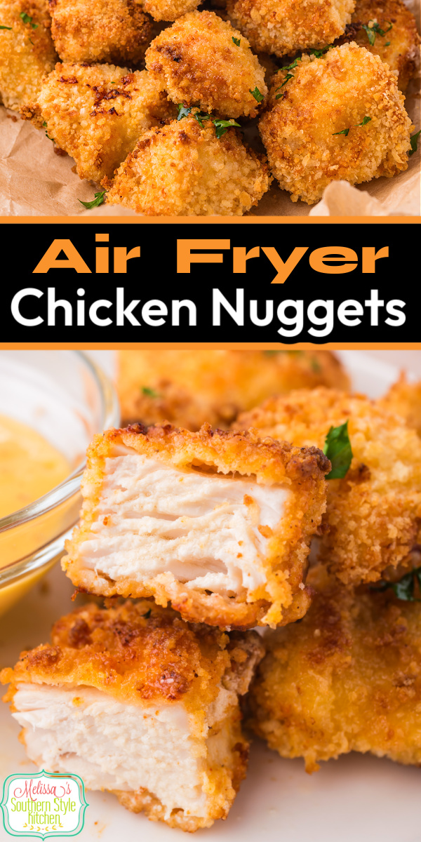 Serve these crispy Air Fryer Chicken Nuggets as an entree or with toothpicks as an appetizer alongside your favorite sauces for dipping. #chickennuggets #airfryerrecipes #airfryerchicken #airfryerchickennuggets #easychickenrecipes #chickenbreasts #southernfriedchicken #southernstyle via @melissasssk