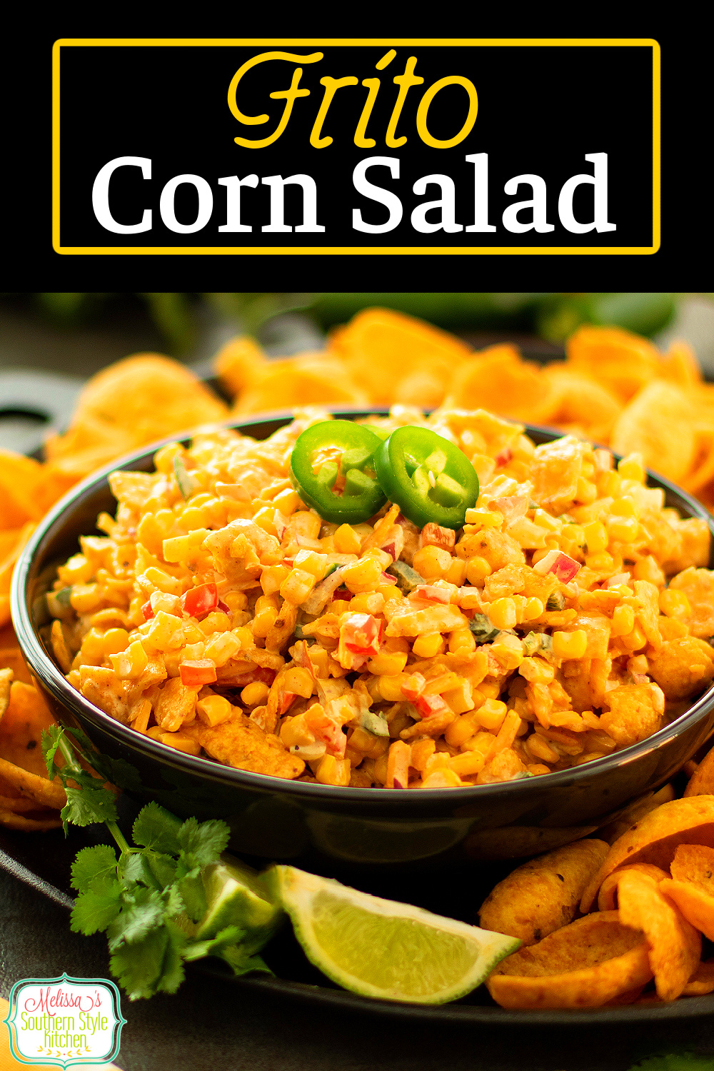 Serve this crunchy Frito Corn Salad as a side dish or an appetizer with Fritos Scoops for dipping. #cornsalad #fritos #fritosalad #fritoscornsalad #saladrecipes #superbowldips #diprecipes #corndip via @melissasssk