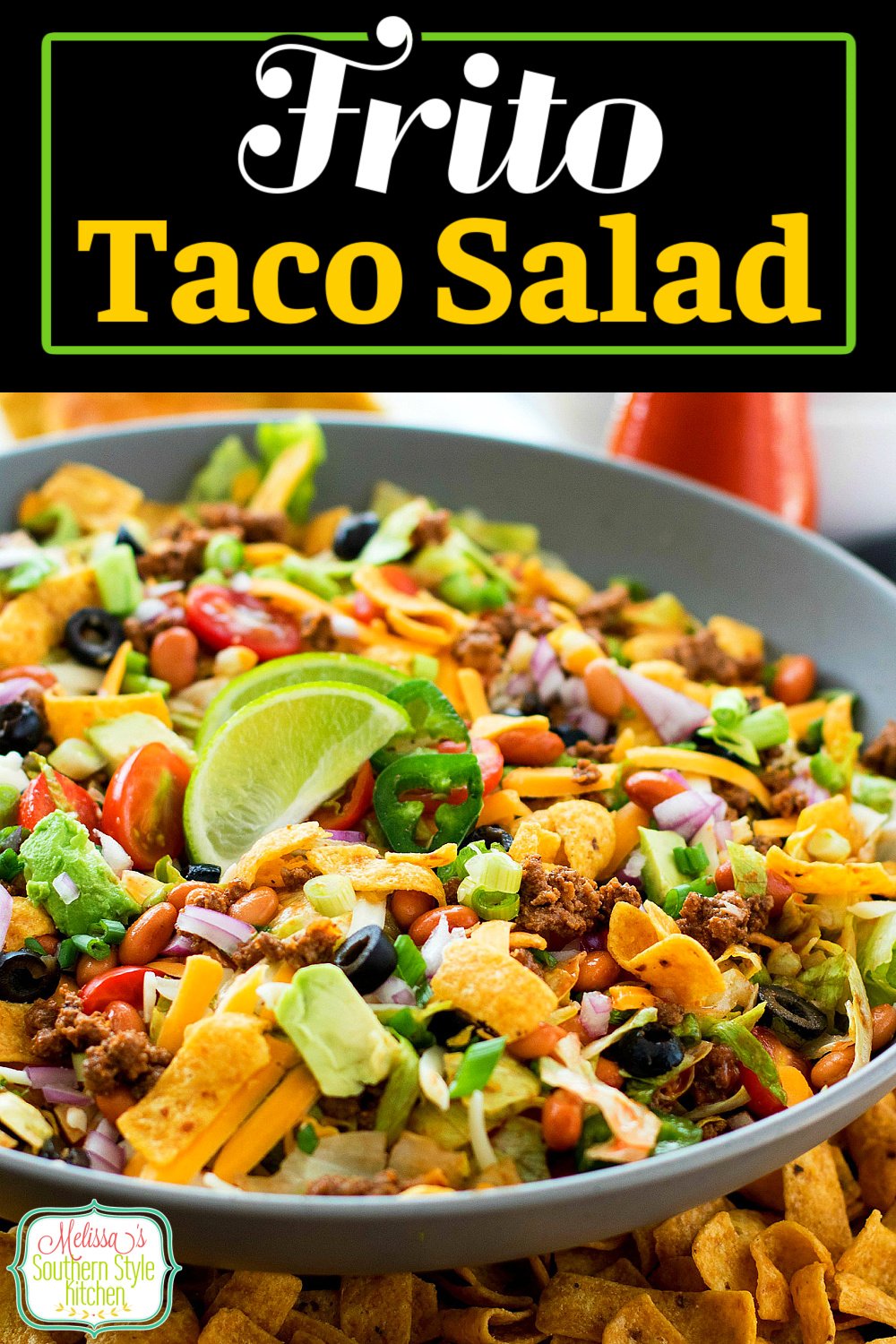 Whip-up this Frito Taco Salad for dinner and game day snacking #fritosalad #tacosalad #saladrecipes #dinnerideas #groundbeefrecipes #tacos #fritosalad #easyrecipes #southernrecipes #southernfood #melissassouthernstylekitchen via @melissasssk