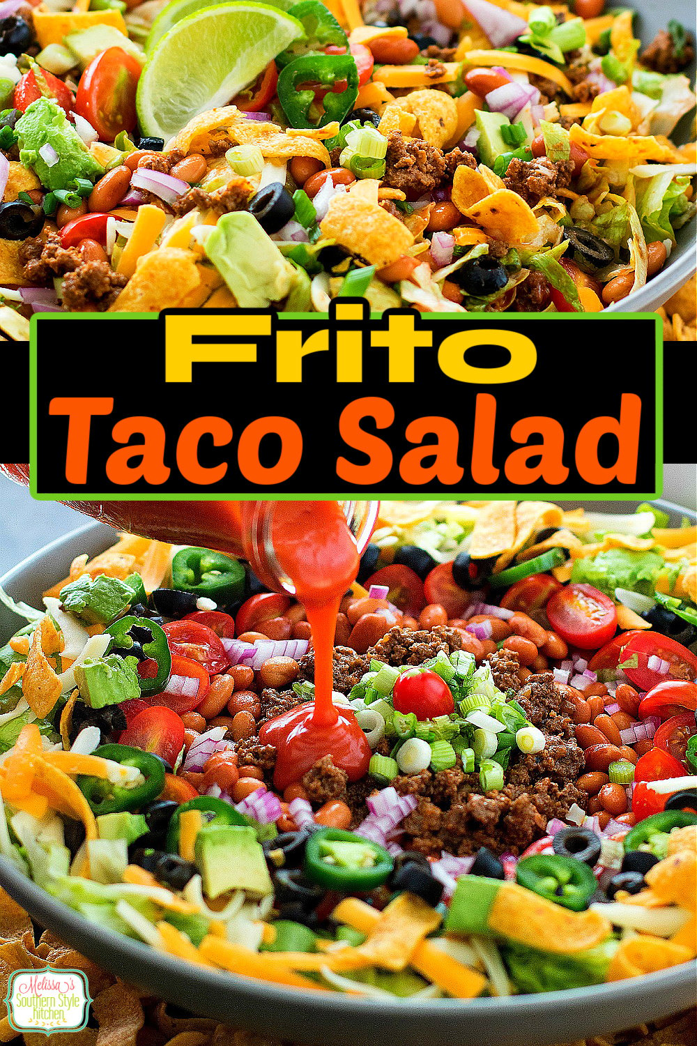 Whip-up this Frito Taco Salad for dinner and game day snacking #fritosalad #tacosalad #saladrecipes #dinnerideas #groundbeefrecipes #tacos #fritosalad #easyrecipes #southernrecipes #southernfood #melissassouthernstylekitchen via @melissasssk