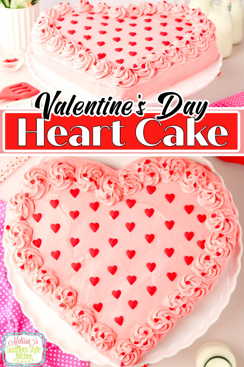 This pretty Heart Shaped Cake is a delicious way to show your loved ones how much you care. No special pan needed! #valentine'sday #heartshapedcakerecipe #redvelvetcake #holidaydesserts #chocolatecake #heartcakerecipe via @melissasssk