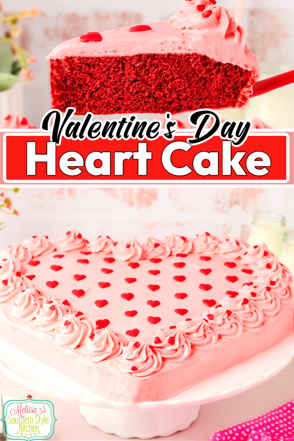 This pretty Heart Shaped Cake is a delicious way to show your loved ones how much you care. No special pan needed! #valentine'sday #heartshapedcakerecipe #redvelvetcake #holidaydesserts #chocolatecake #heartcakerecipe via @melissasssk