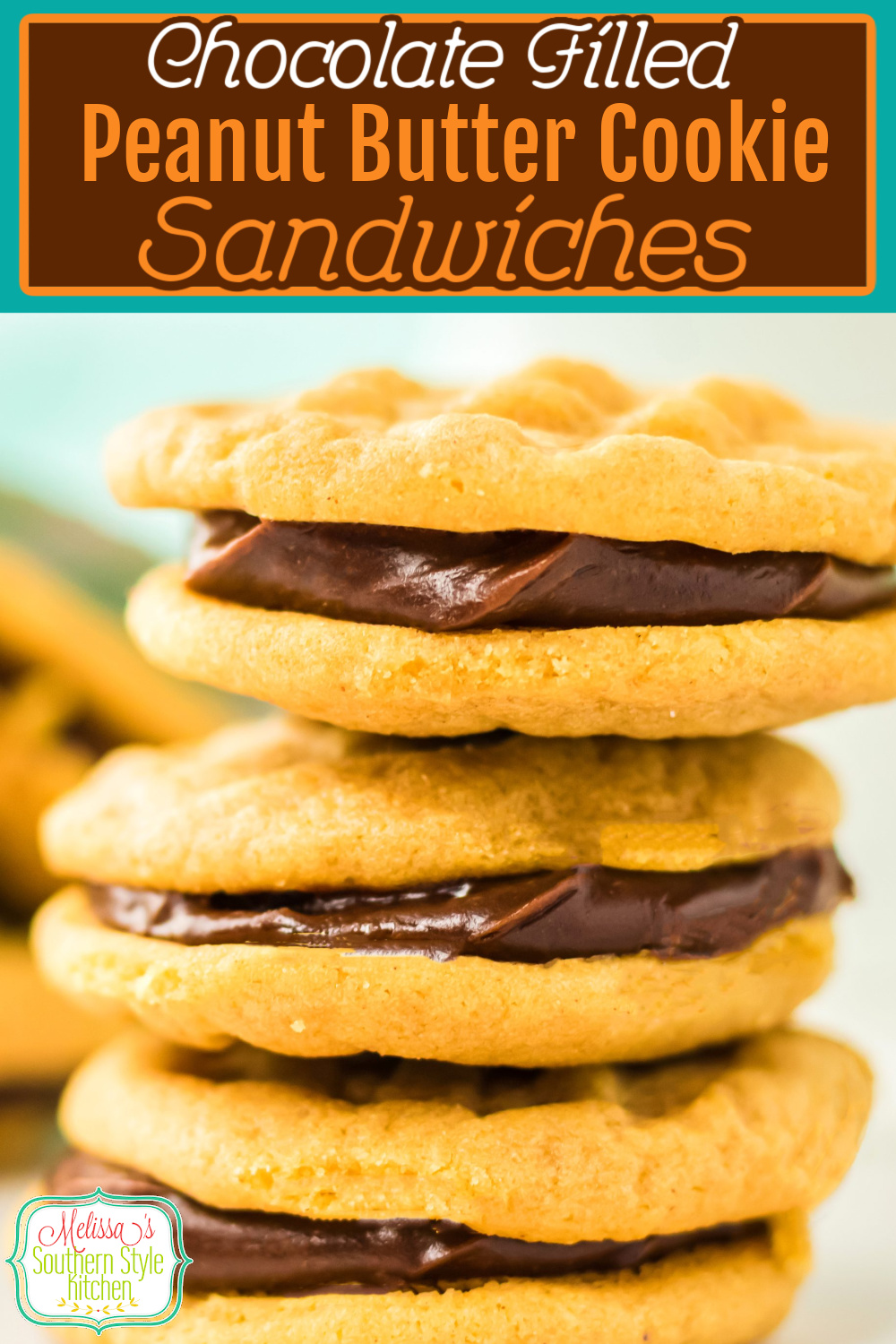 These Peanut Butter Cookie Sandwiches are filled with chocolate ganache for the ultimate cookie treat #peanutbutter #peanutbuttercookies #sandwichcookies #chocolate #chocolateganache #ganacherecipes #cookierecipes #easypeanutbuttercookies via @melissasssk