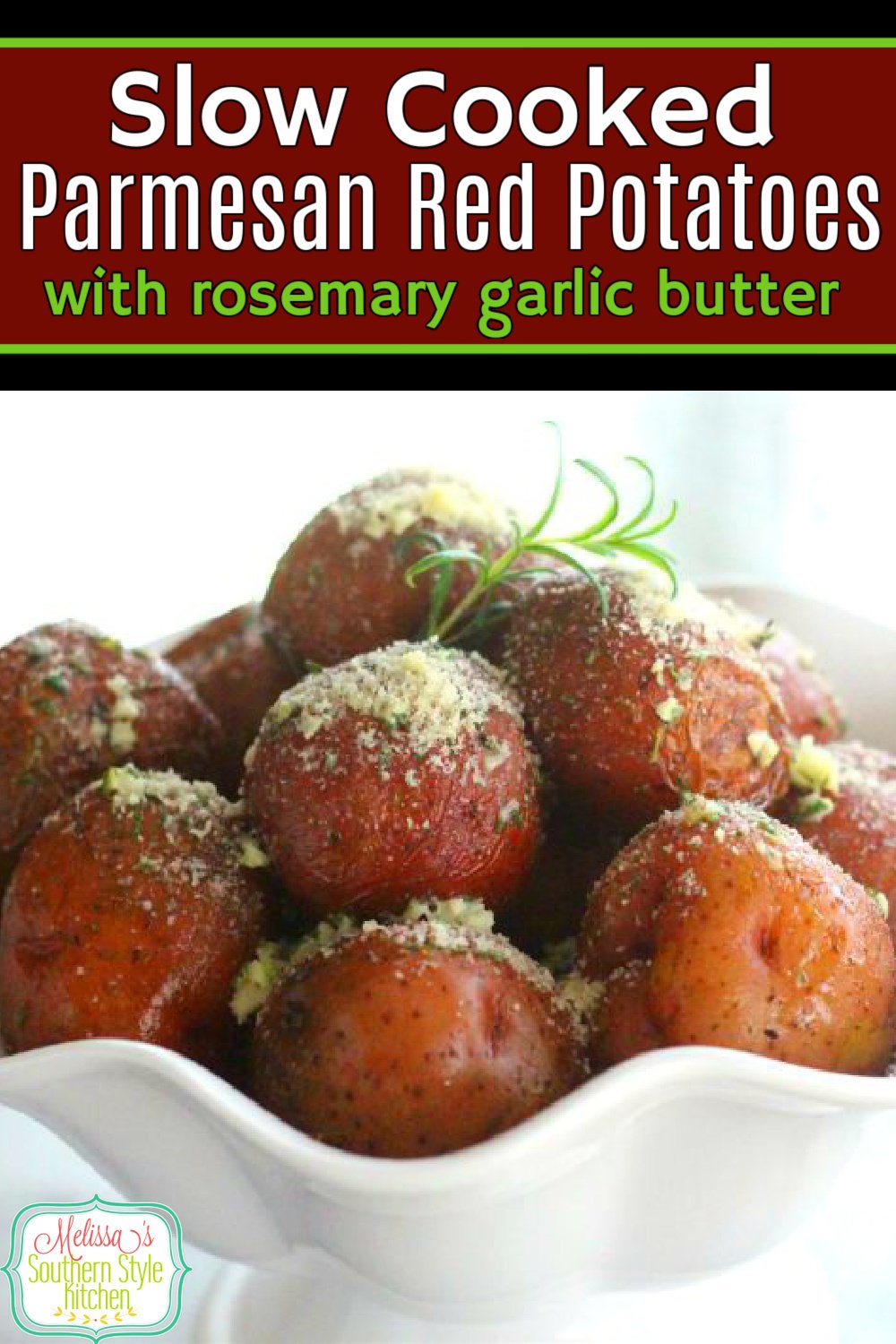 Make these impressive Slow Cooked Parmesan Red Potatoes in a cinch in your slow cooker #slowcookedpotatoes #redpotatoes #easypotatorecipes #redpotatoes #crockpotpotates #rosemarybutter #garlicbutter via @melissasssk