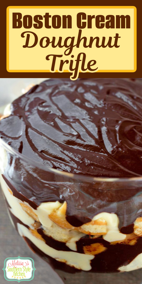 This Boston Cream Doughnut Trifle features layers of pastry cream, glazed doughnuts and a gooey chocolate ganache. #bostoncream #bostoncreamdoughnuts #bostoncreamtrifle #trifles #triflerecipes #desserts #dessertfoodrecipes #holidaydesserts #southernfood #donuts #doughnuts #southernrecipes via @melissasssk