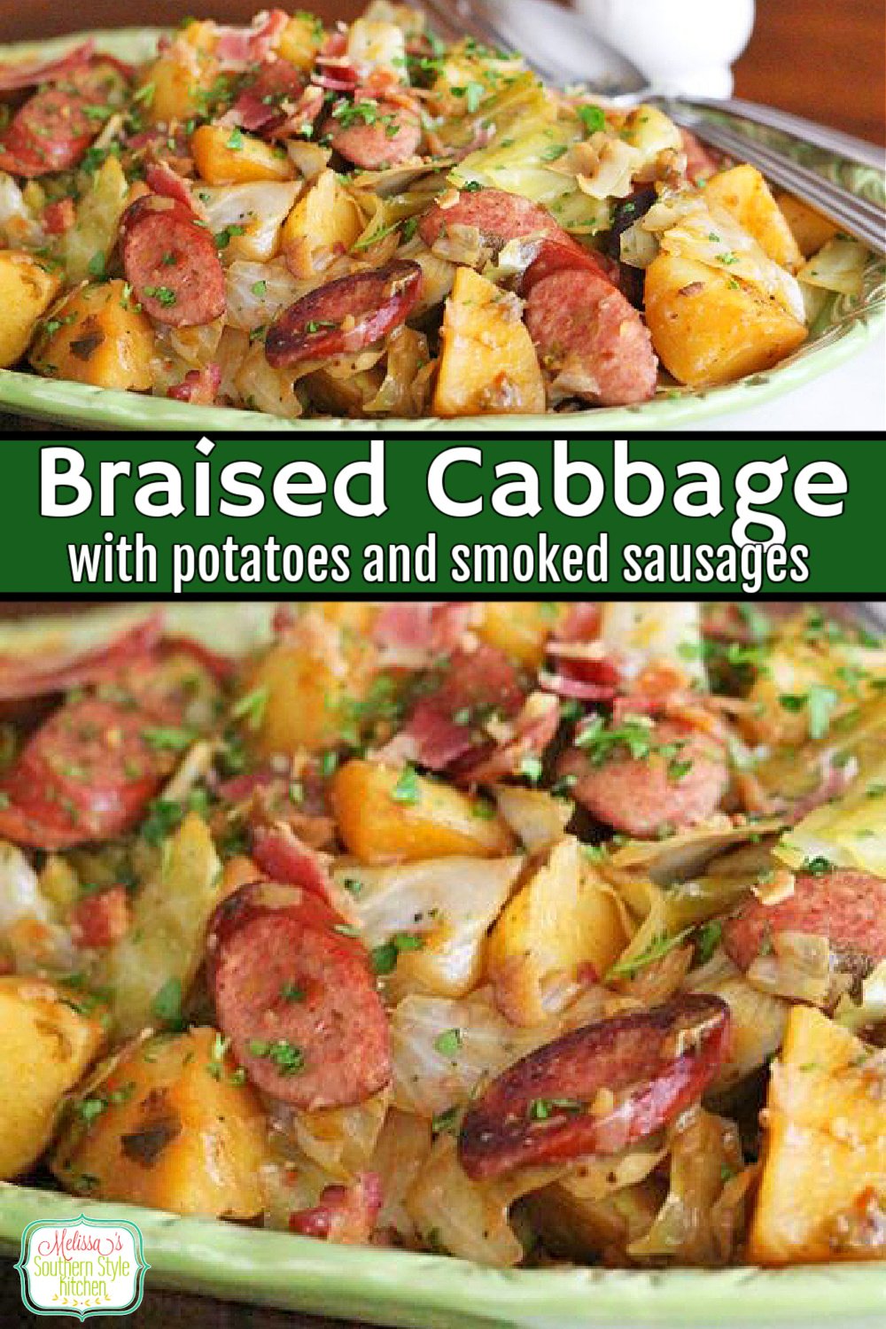 This simple braised cabbage dish is packed with flavor and won't break the bank #braisedcabbage #cabbage #friedcabbage #potatoes #smokedsausages #kielbasa #cabbagepotatoessmokedsausages #dinner #dinnerideas #southernfood #southernrecipes via @melissasssk