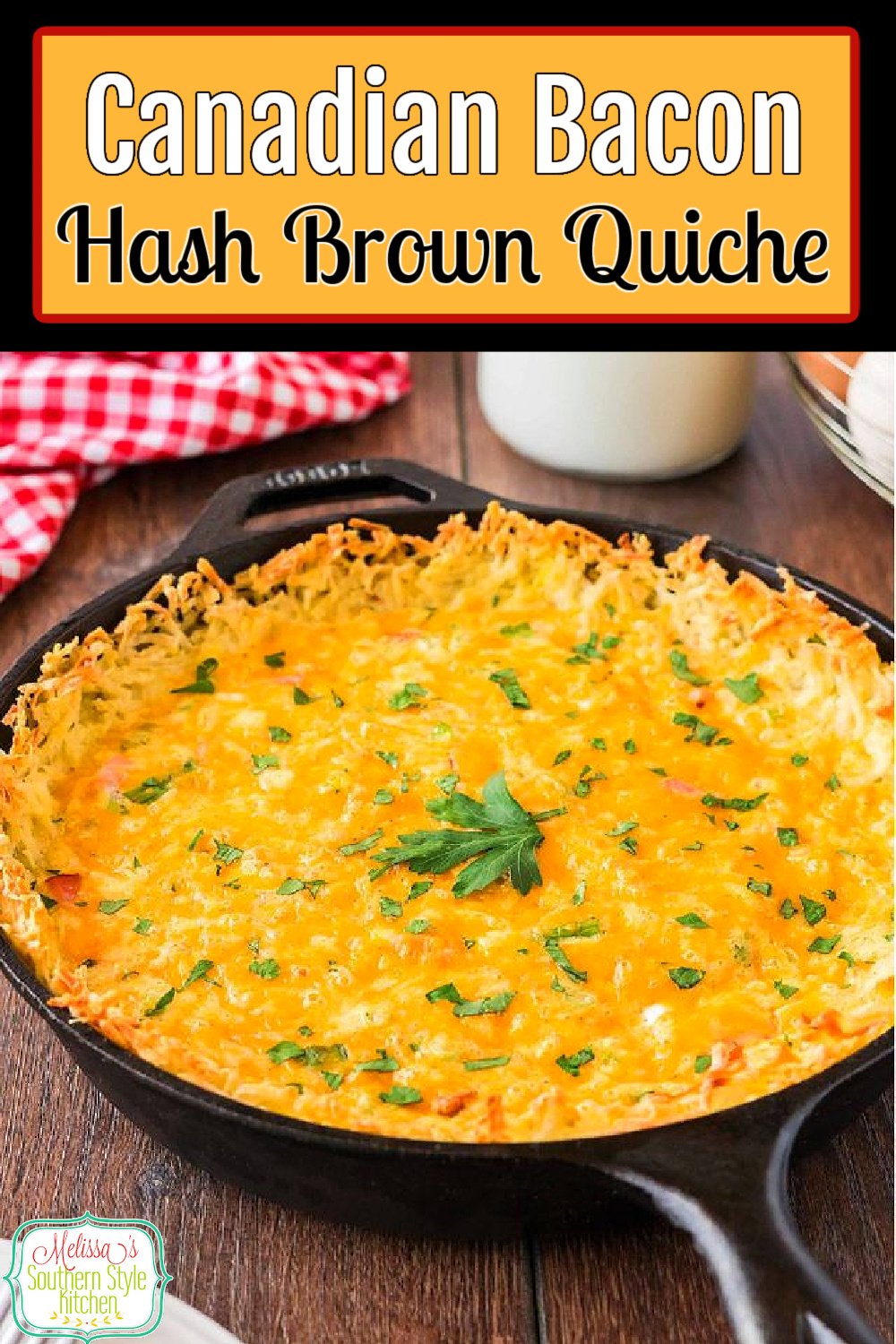 Skip the pastry crust and make this Canadian Bacon Hash Brown Quiche using a crispy shredded hash brown potato crust, instead #quiche #hashbrowns #hashbrownquiche #quicherecipes #bestquicherecipes via @melissasssk