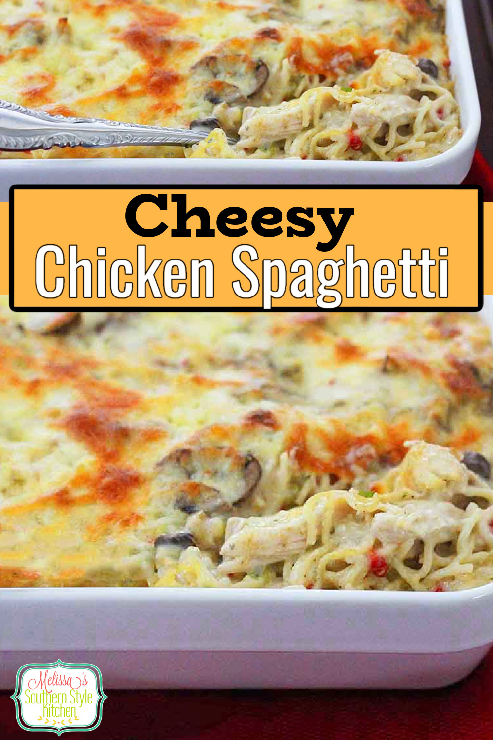 This delicious Cheesy Chicken Spaghetti features a creamy homemade sauce, tender pasta and chicken for a family friendly potluck meal #chickenspaghetti #cheesychickenspaghetti #spaghettirecipes #spaghetti #easychickenrecipes #casseroles #southernstylespaghetti #spaghetticasseroles via @melissasssk