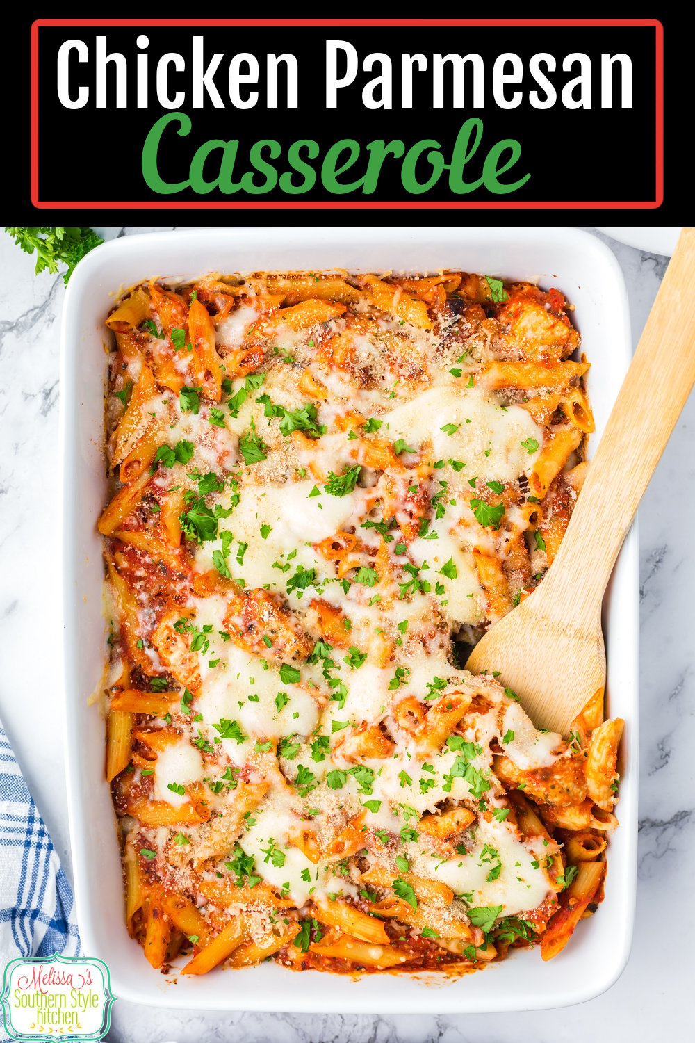 Add this Chicken Parmesan Casserole to your dinner menu and enjoy Italian night at home. #chickenrecipes #chickencasserole #chickenparmesan #parmesanchicken #casseroles #easychickenrecipes #pasta via @melissasssk