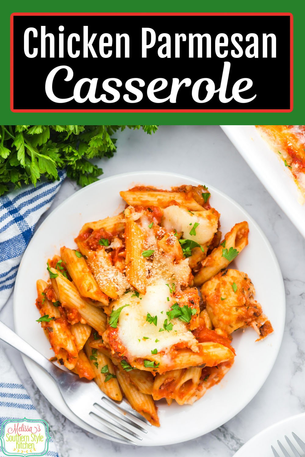 Add this Chicken Parmesan Casserole to your dinner menu and enjoy Italian night at home. #chickenrecipes #chickencasserole #chickenparmesan #parmesanchicken #casseroles #easychickenrecipes #pasta via @melissasssk