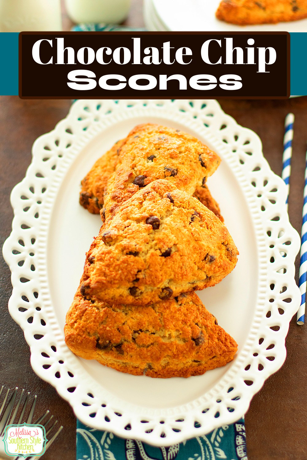 Serve these Chocolate Chip Scones with butter or whipped cream and fresh berries any time of day. #scones #chocolatechipscones #sconesrecipe #chocolate #chocolatescones via @melissasssk