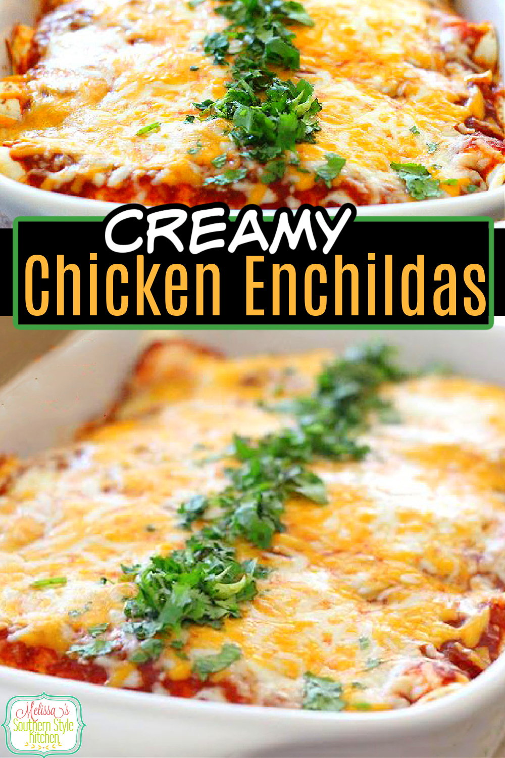 Enjoy a homestyle fiesta with these Creamy Chicken Enchiladas #chickenenchiladas #chickenrecipes #enchiladas #chicken #mexicanfood #southernrecipes #dinnerideas #dinner #southernfood via @melissasssk