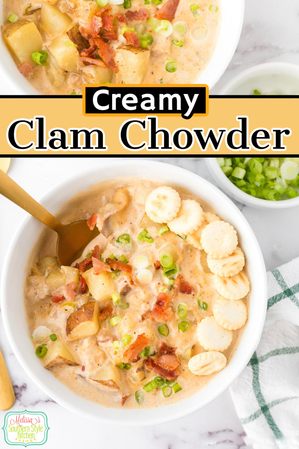 Treat the family to a steamy bowl of this creamy Southern style Clam Chowder at home #clamchowder #southernstyle #southernchowderrecipes #easyclamchowder #clamsrecipes #seafoodchowder #clamchowderrecipe via @melissasssk