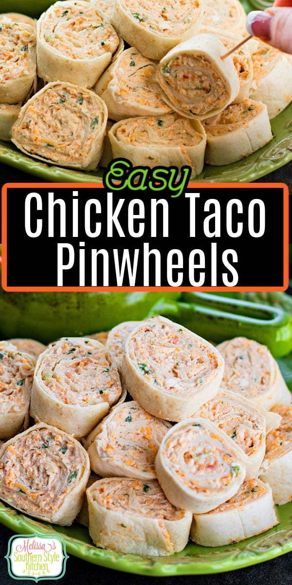 Serve-up a big platter of these Chicken Taco Pinwheels for appetizers, game day snacks or holiday parties #chickentacos #chickentacopinwheels #easychickenrecipes #appetizers #chickenpinwheels #gamedaysnacks #tacos #partyfood #southernrecipes #southernfood #chicken via @melissasssk