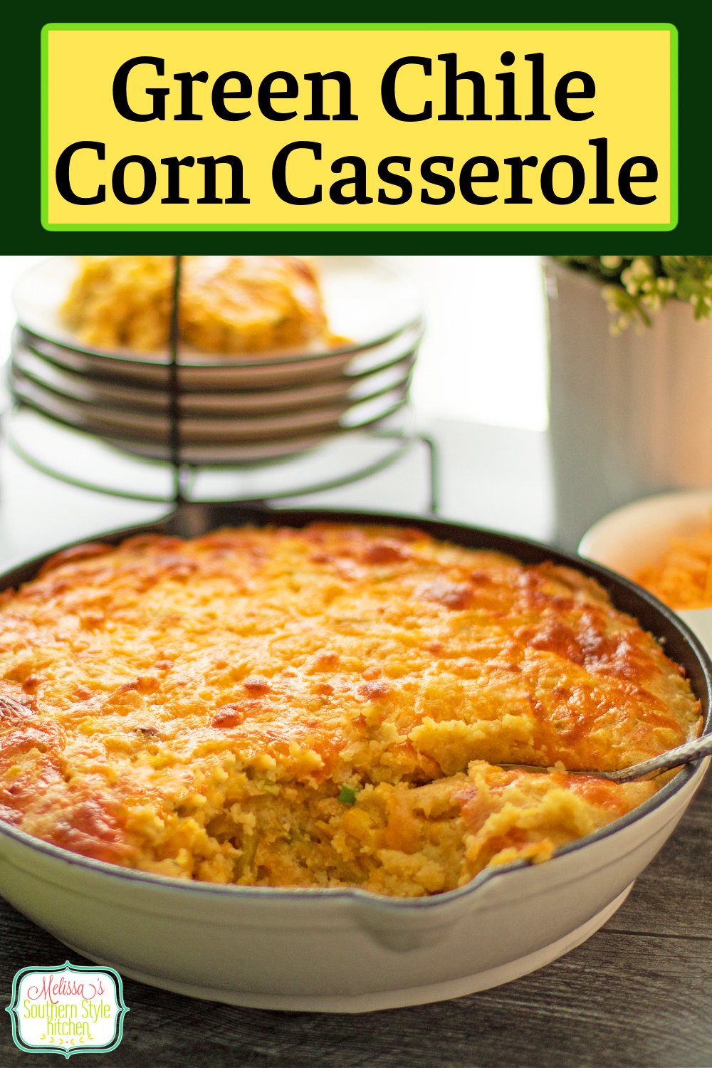 Serve this easy Green Chile Corn Casserole alongside beans, soup or your favorite Mexican fare as the complementary side dish. #corn #corncasserole #greenchiles #greenchilecorncasserole #easycorncasserole #cornrecipe via @melissasssk
