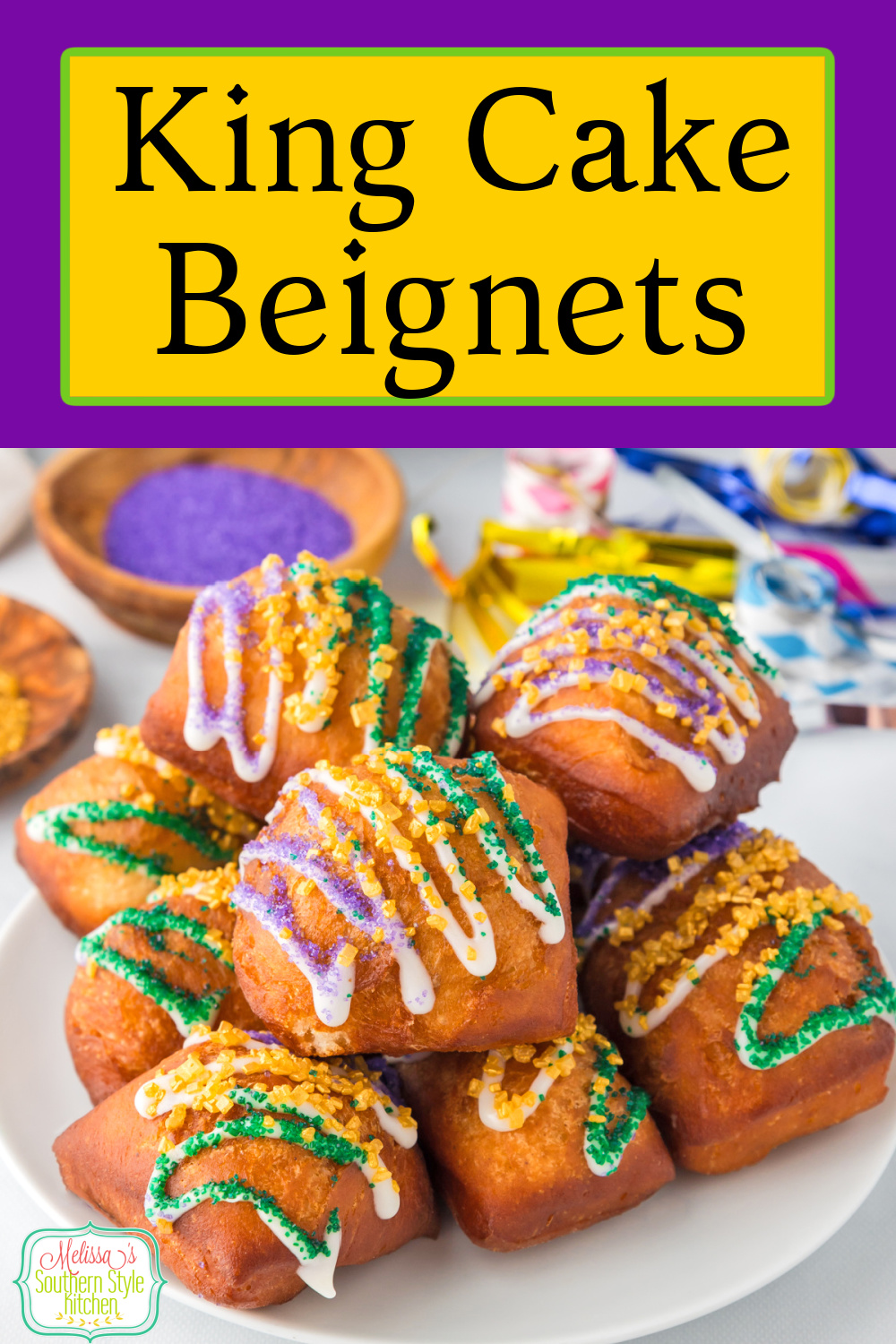 Kick off Mardi Gras with King Cake Beignets! #beignets #kingcake #mardigras #mardigrasrecipes #NOLA #desserts #doughnutrecipes #kingcakebeignets via @melissasssk