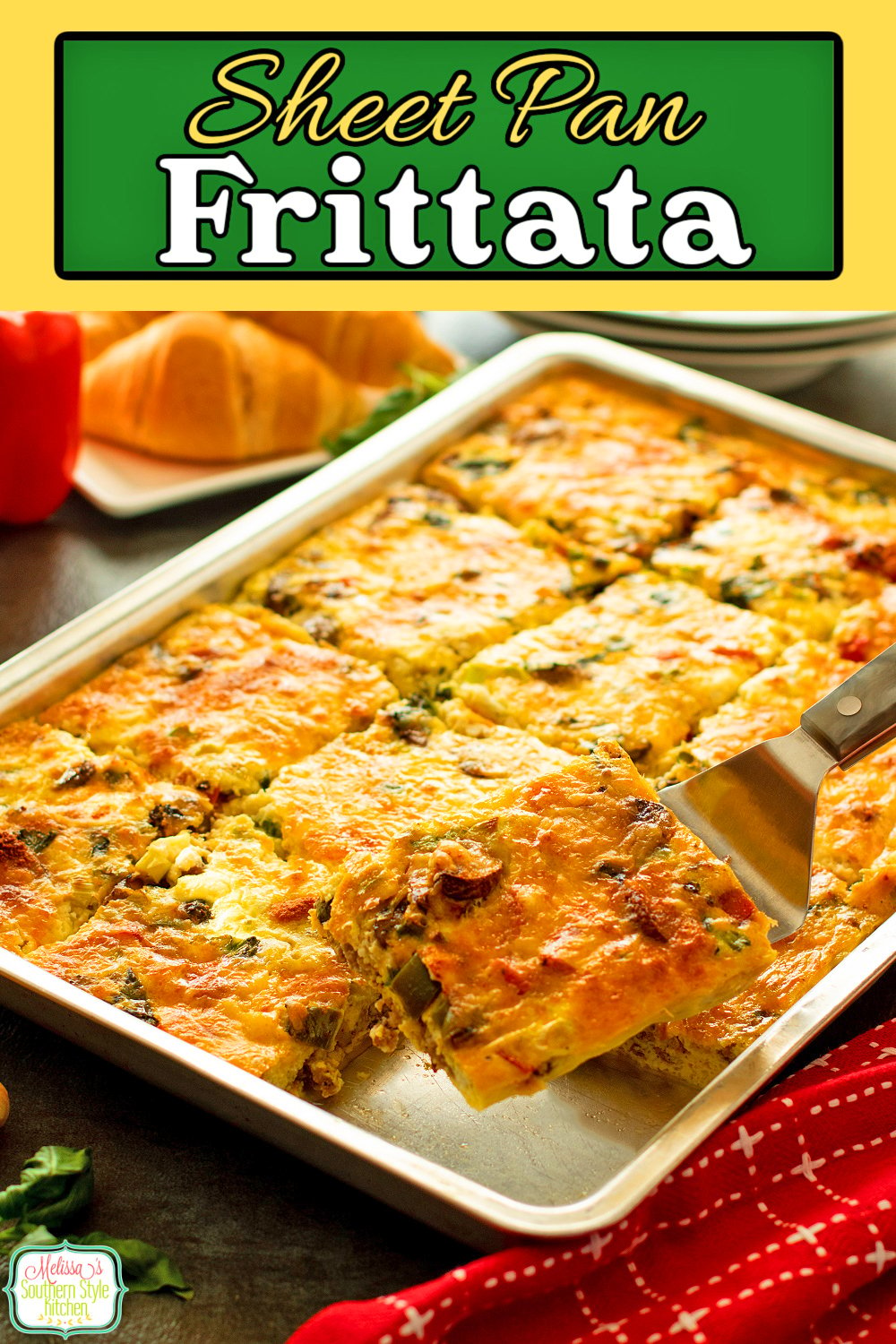 Make breakfast for everyone in one fell swoop with this Sheet Pan Frittata filled with Italian sausage, bell peppers and mushrooms. #frittata #sheetpanrecipes #sheetpanmeals #eggs #Italianfrittata via @melissasssk